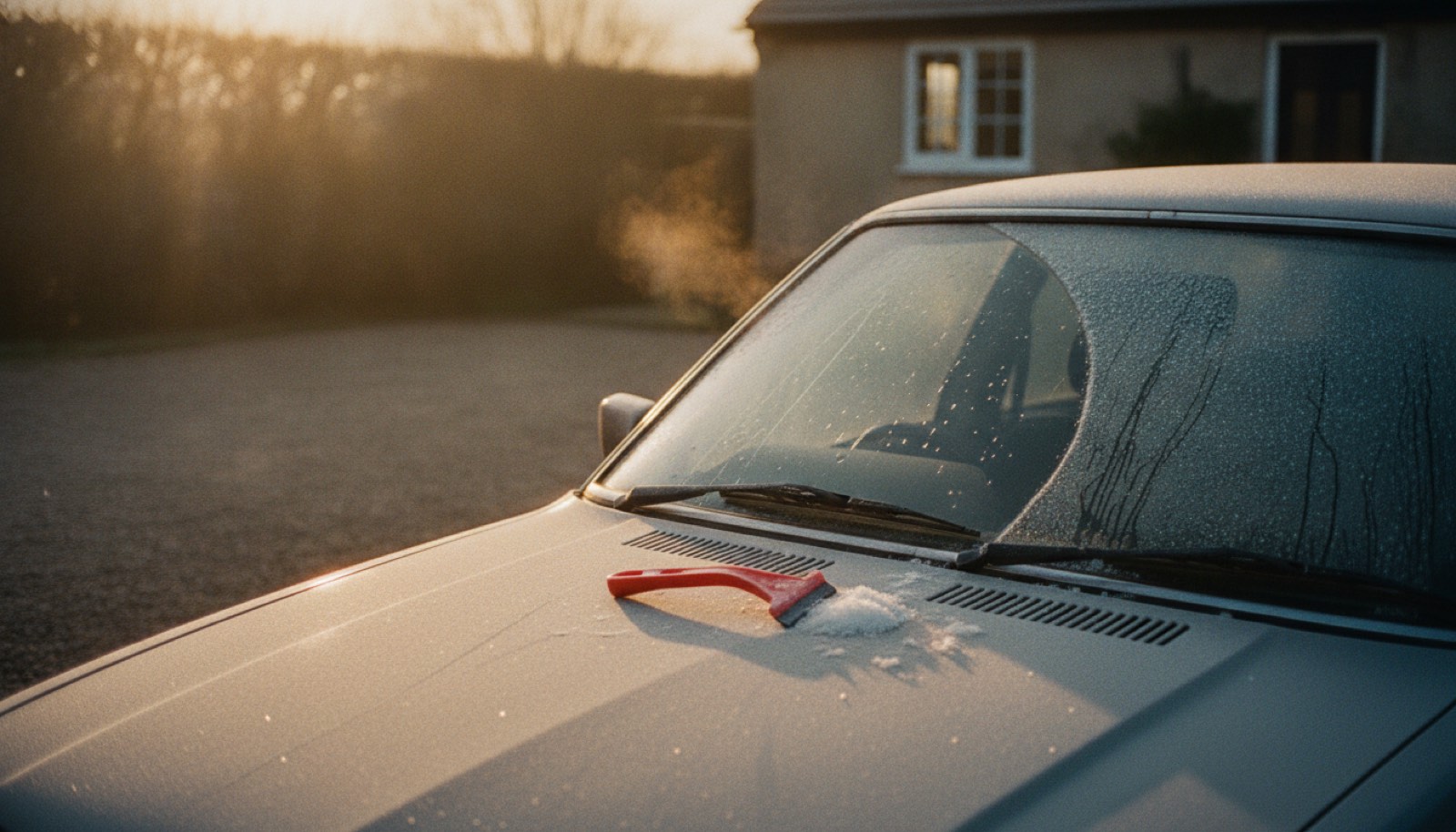 The windscreen of an old car on a frosty morning with one half scraped clear and the other still furred with frost, a scraper left on the bonnet, low golden sunrise behind