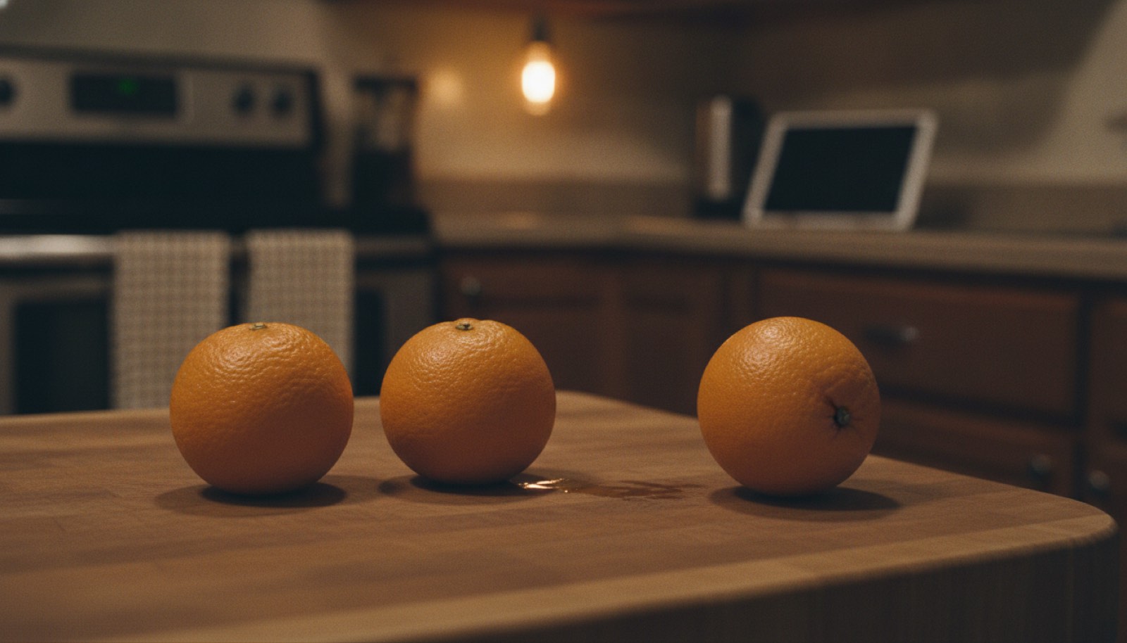 Three oranges on a kitchen island under a warm lamp, one of them rolling off the edge toward the floor