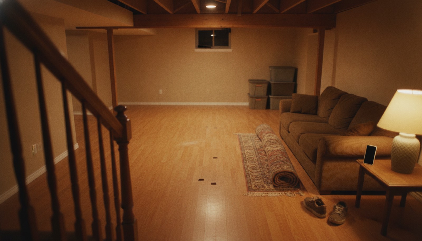 A basement rec room seen from the top of the stairs, its patterned rug rolled back against the couch to clear a stretch of floor, with two pairs of shoes set aside and a dark phone propped against a lamp base