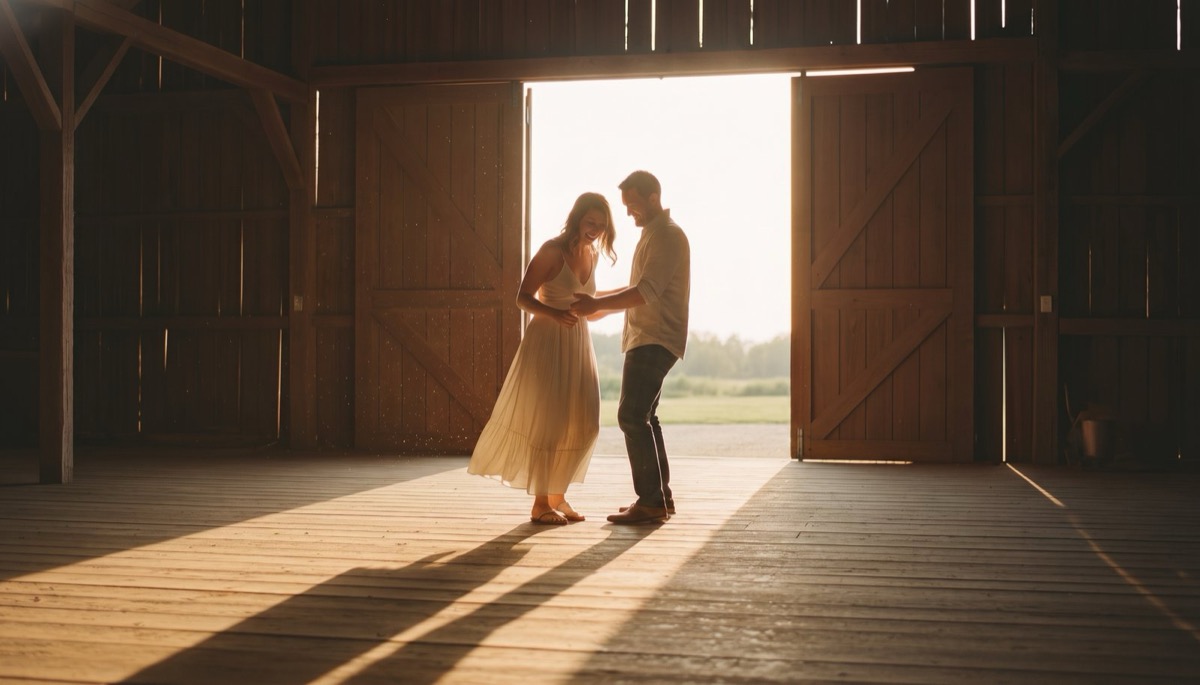 A couple cropped from the collarbone down, his hand placed stiffly on her waist and her hand on his shoulder, a small gap of air still between them in a lamp-lit living room