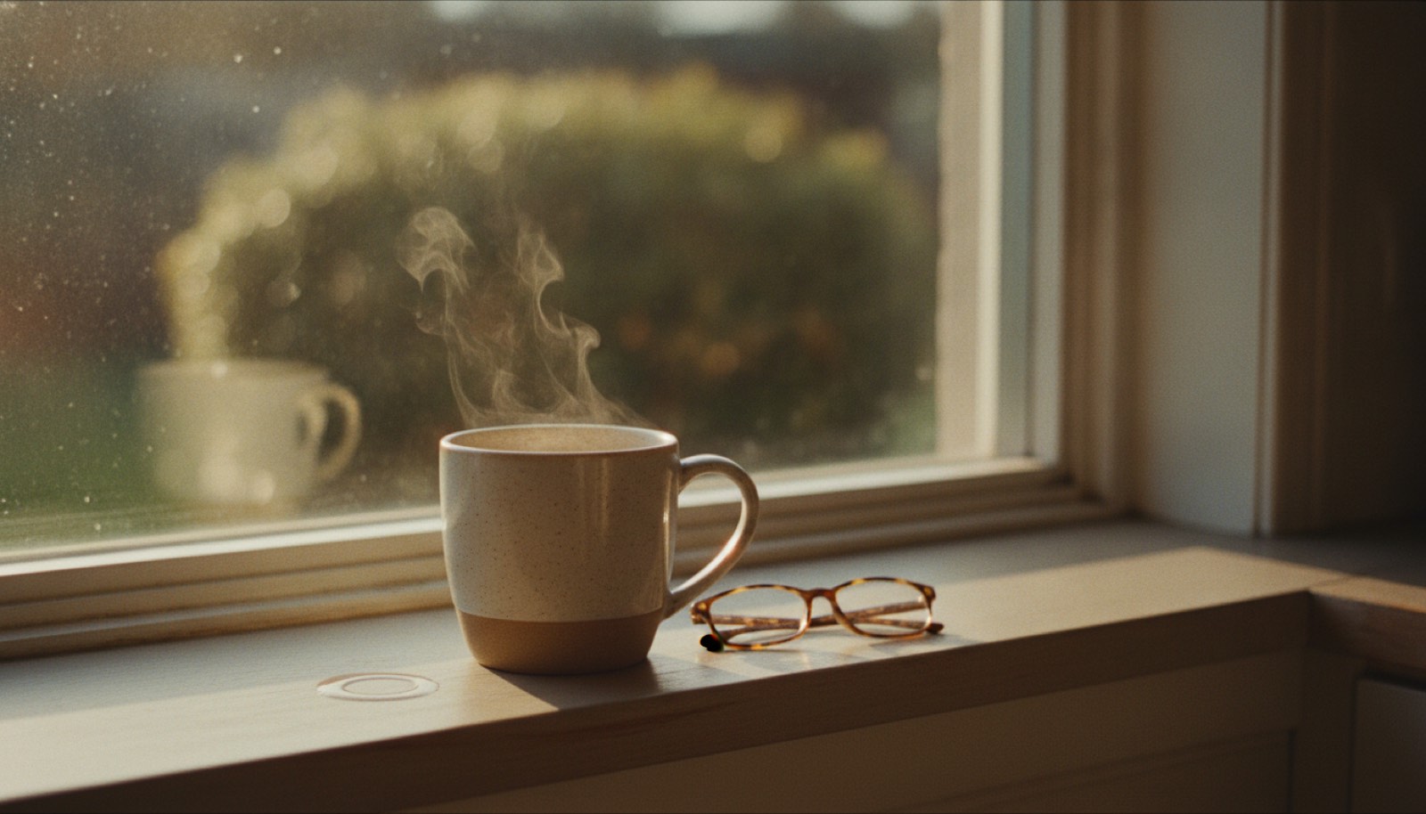 A stoneware mug of tea still steaming on a painted windowsill beside a folded pair of tortoiseshell reading glasses, low golden morning sun coming through the glass