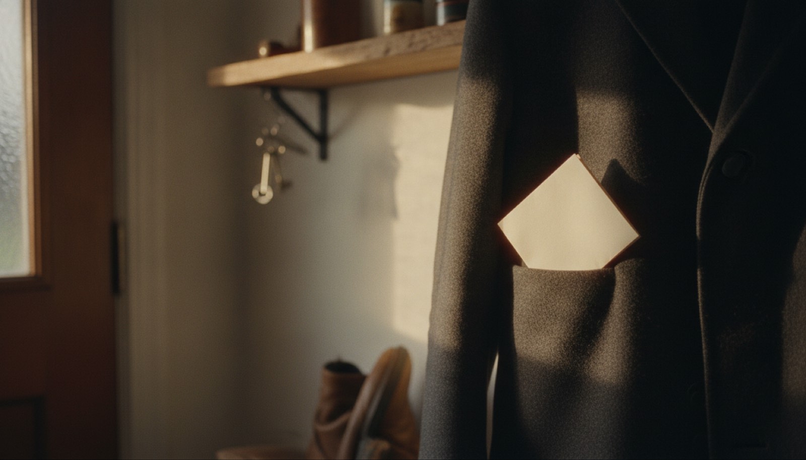 A small folded note tucked into the breast pocket of a wool coat hanging on a hook by a front door