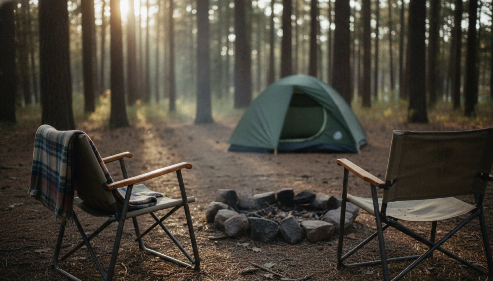 A small tent and two camp chairs beside a fire ring at a wooded campsite in late afternoon light
