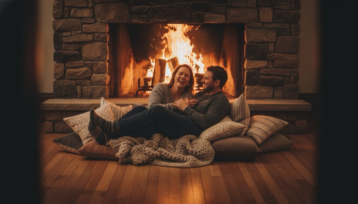 Two adults sit close together on a dim living room couch late at night with their hands joined on his knee