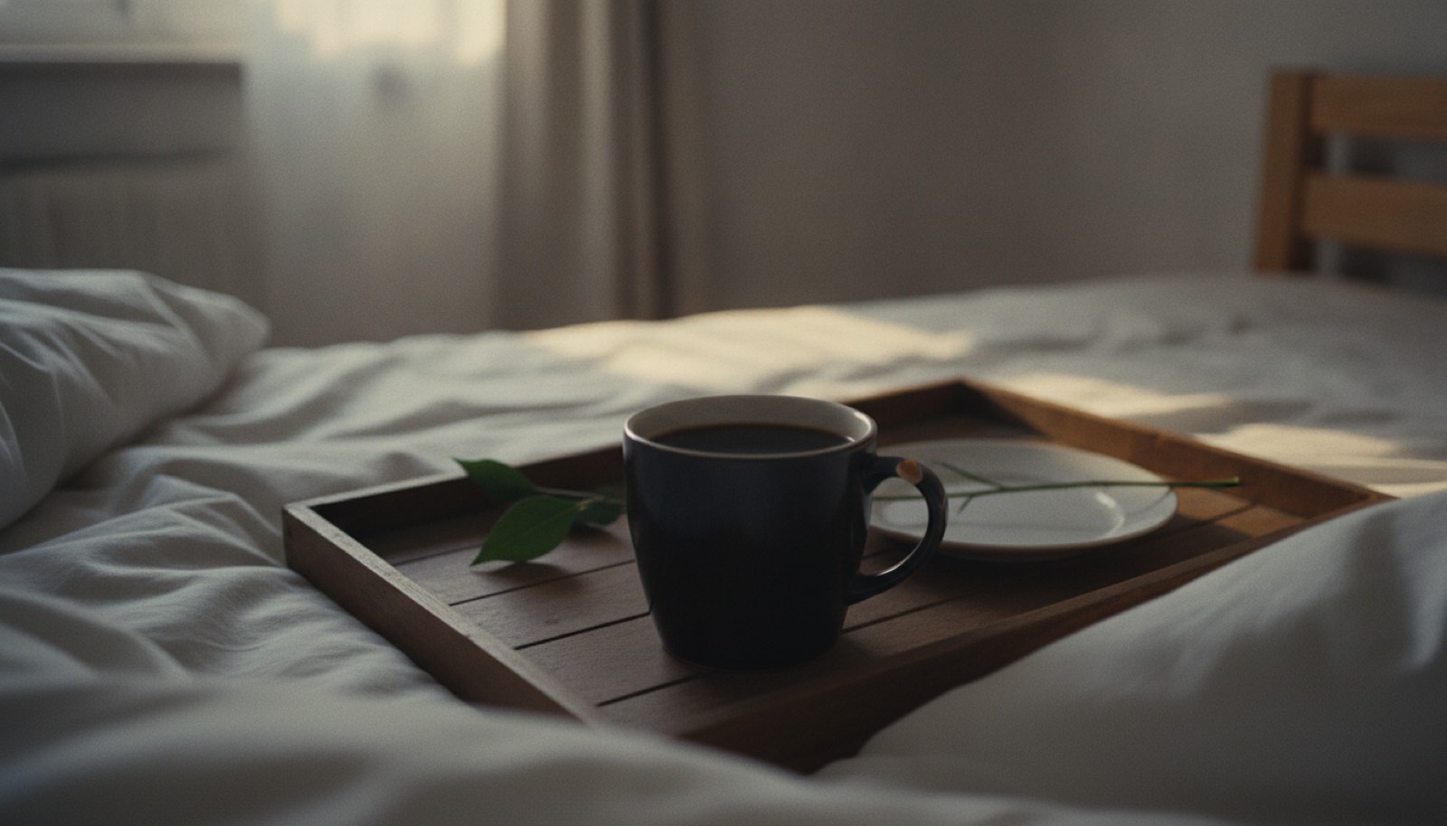 A breakfast tray with coffee and a single flower stem resting on a rumpled bed in morning light