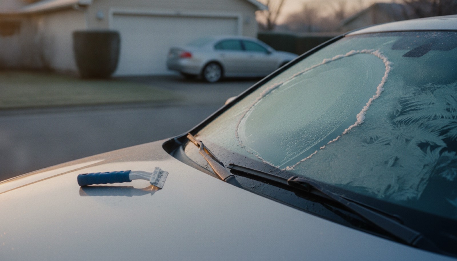 A car windshield scraped clear of frost on one side at first light, with the scraper left on the hood and a second frosted car further up the driveway
