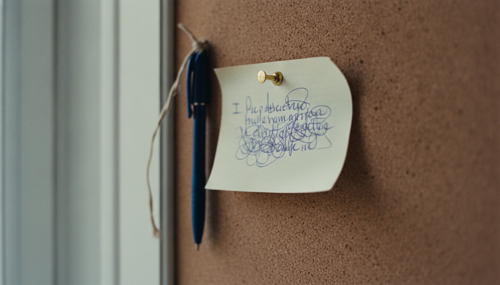 A kitchen noticeboard corner with a pinned shopping list curling at the edge in flat daylight