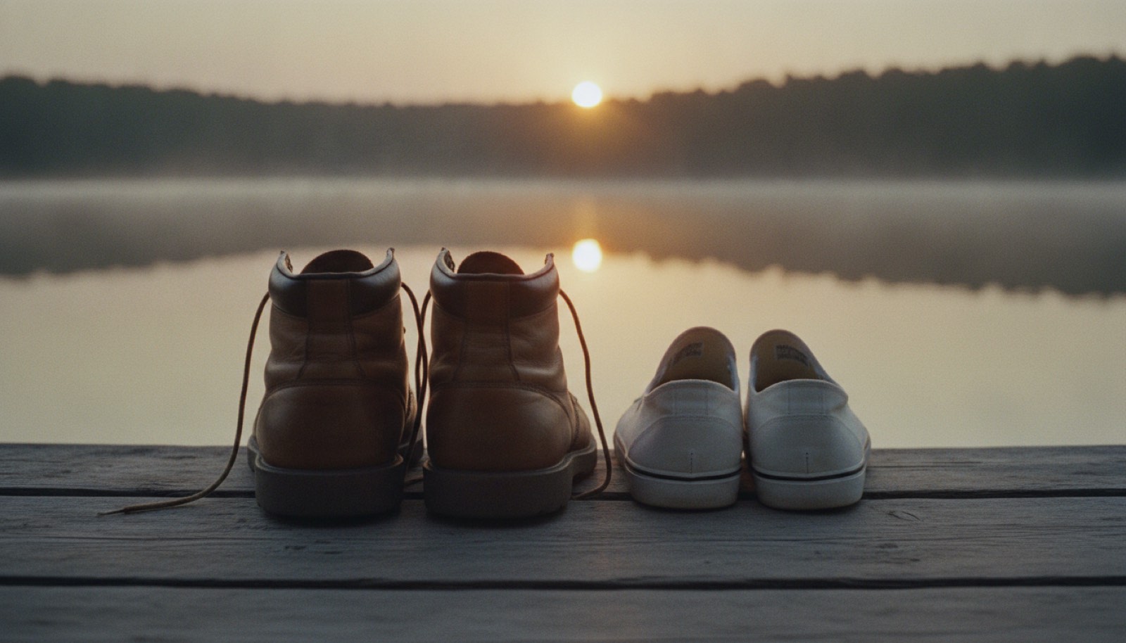 A worn wooden dock at first light with two pairs of shoes left at the edge and mist over still water