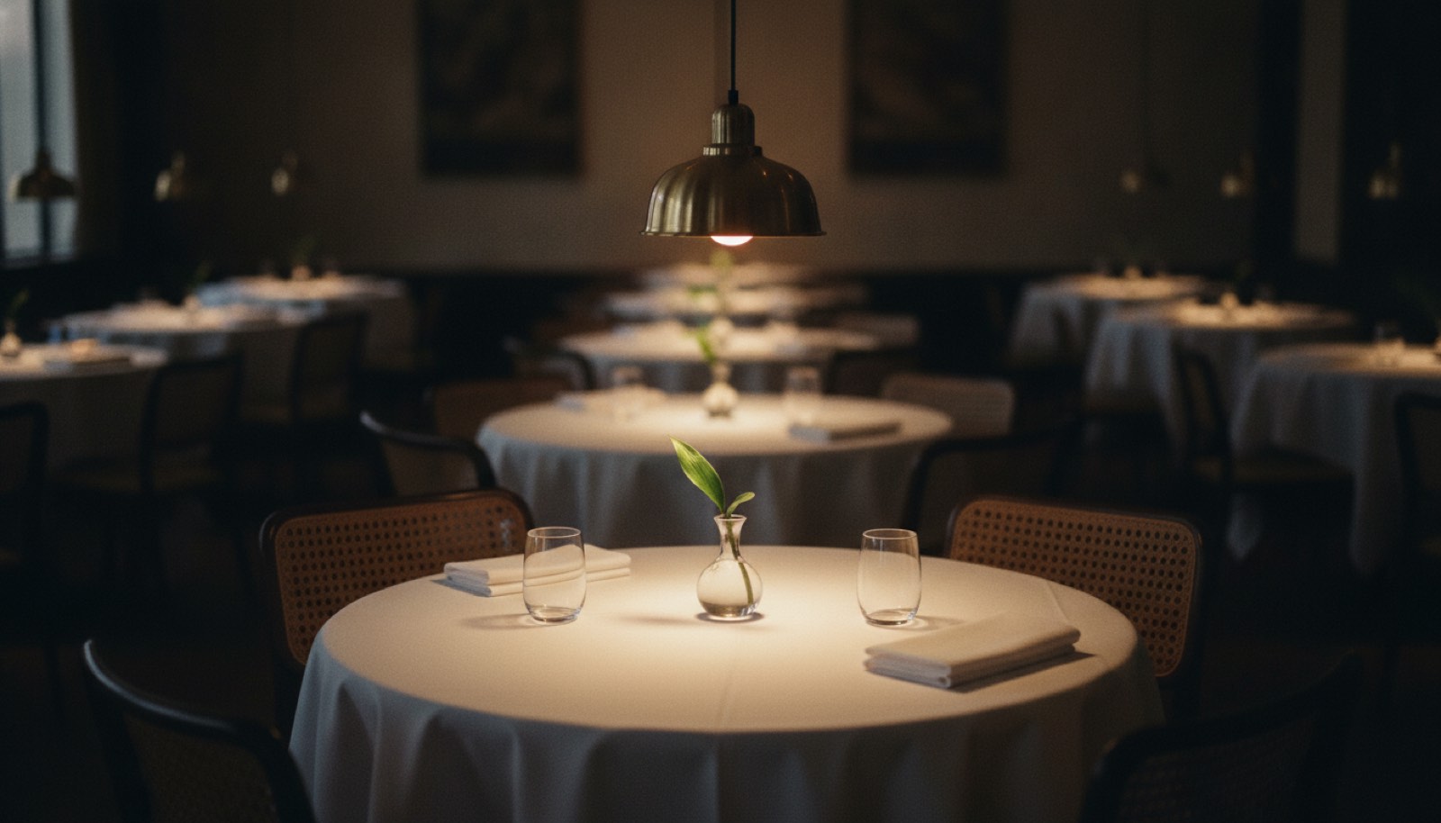 A restaurant table set for two at the far end of an empty dining room before service