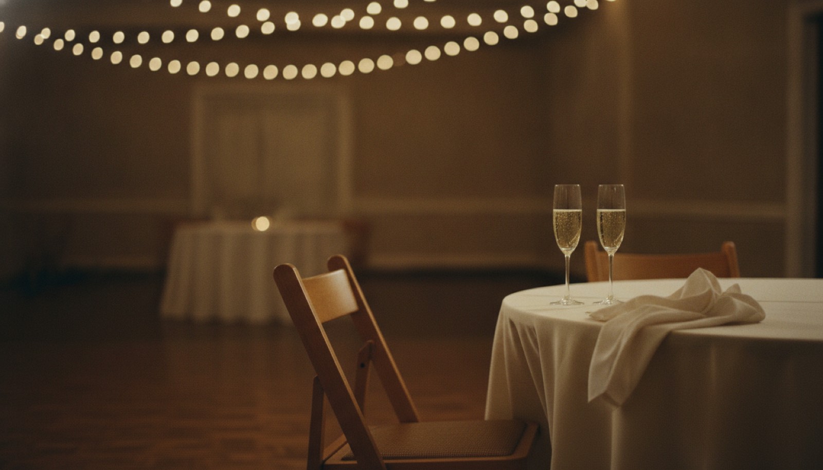 An empty chair pushed back from a reception table beside two half-full champagne flutes and a folded linen napkin, with warm string lights blurred behind