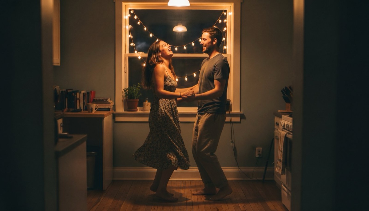 A pair of white wired earbuds coiled on a wooden kitchen counter beside two coffee mugs and a set of car keys in warm morning light