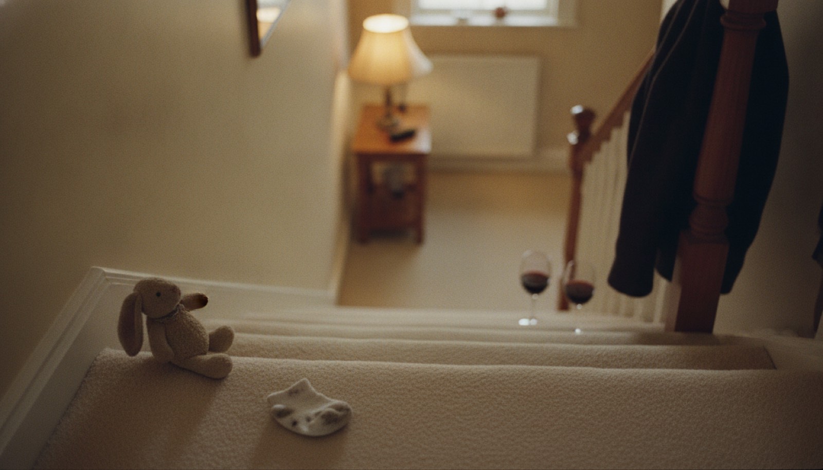 The top of a carpeted staircase at night with a child's stuffed rabbit and a sock left on the treads, and two glasses of red wine waiting on the bottom step below