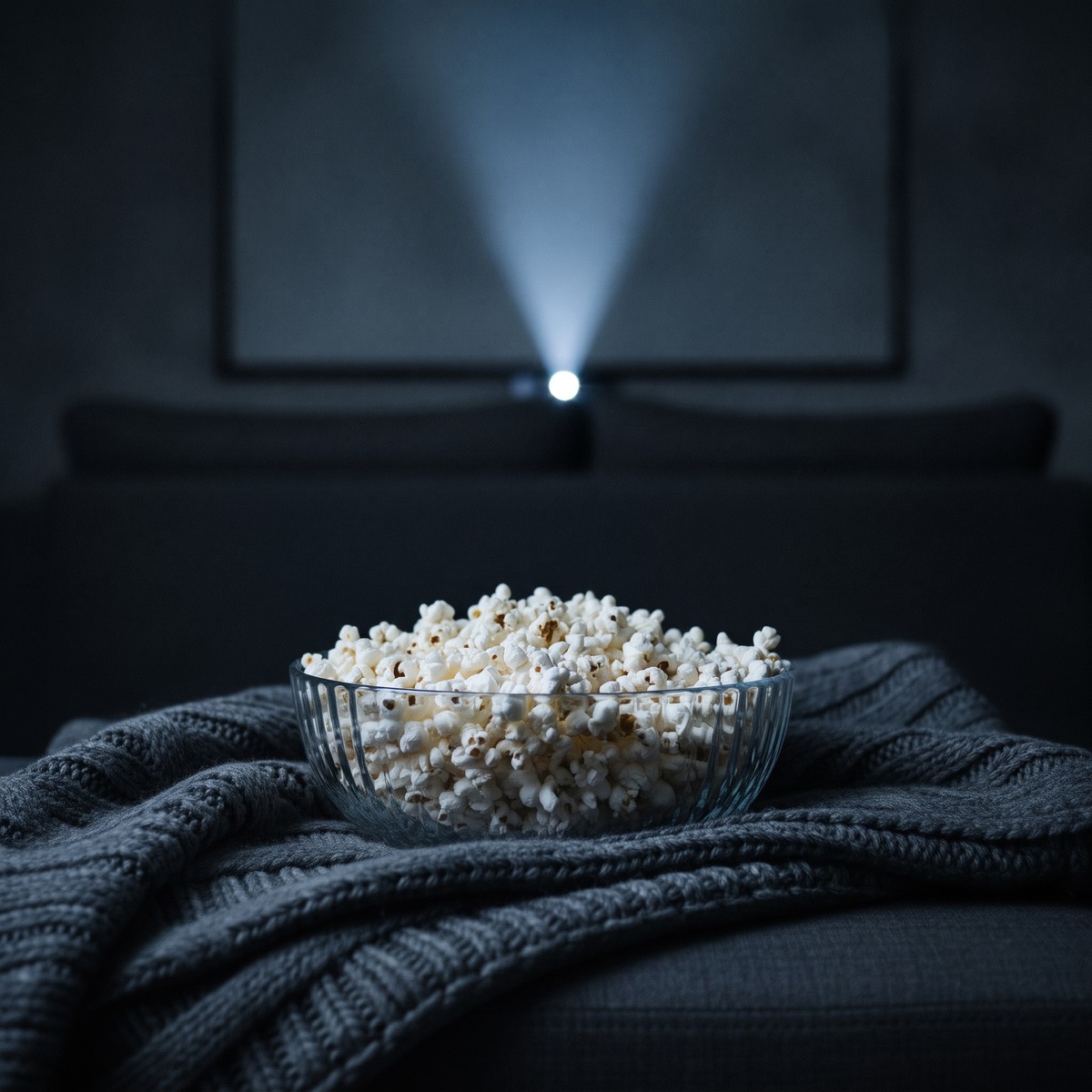 A glass bowl heaped with popcorn resting on a charcoal cable-knit throw on a dark sofa, with a projector beam lighting a screen behind it, set up for a movie night date at home.