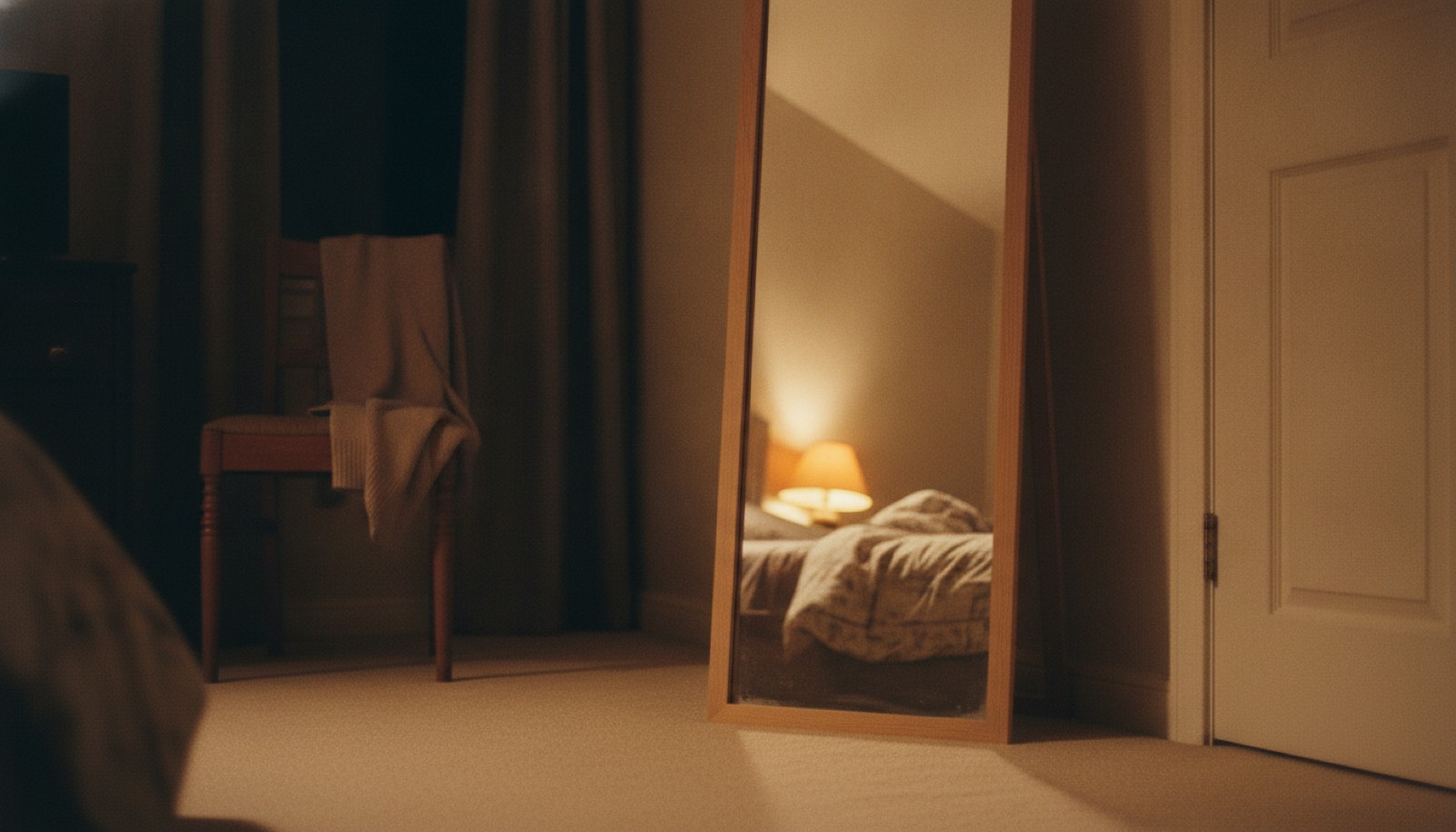 A full-length mirror leaning against a bedroom wall at night, reflecting a lit bedside lamp and an empty stretch of carpet with nobody in it
