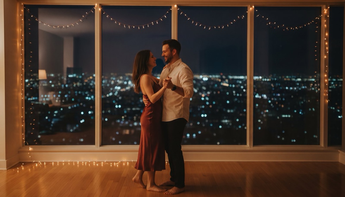 Two stemmed glasses of sparkling cider on a low wooden coffee table in a warm lamplit living room, with a rug rolled back to bare floor behind them