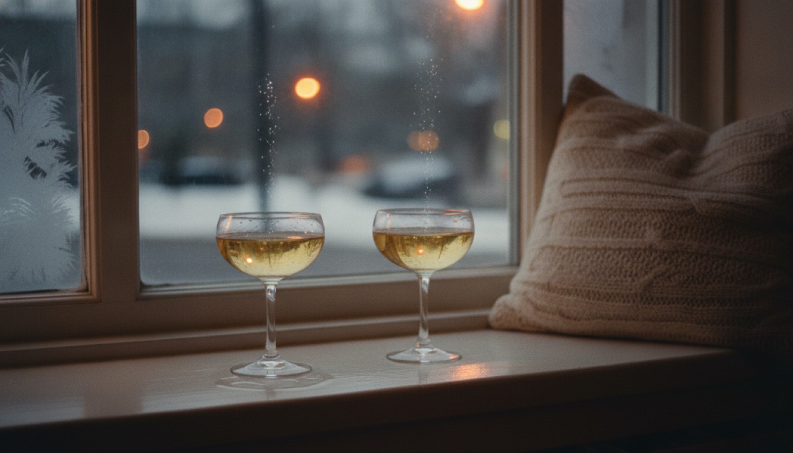 Two stemmed glasses of sparkling cider on a low wooden coffee table in a warm lamplit living room, with a rug rolled back to bare floor behind them