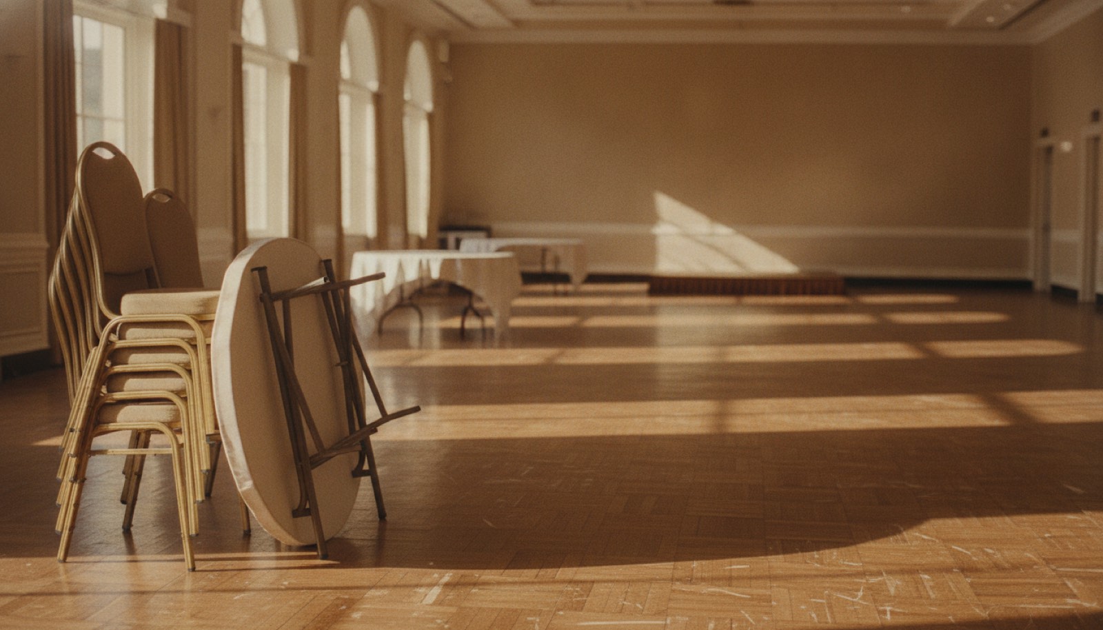 An empty hotel function room in the morning with stacked banquet chairs and a folded round table at the edge of a scuffed parquet floor