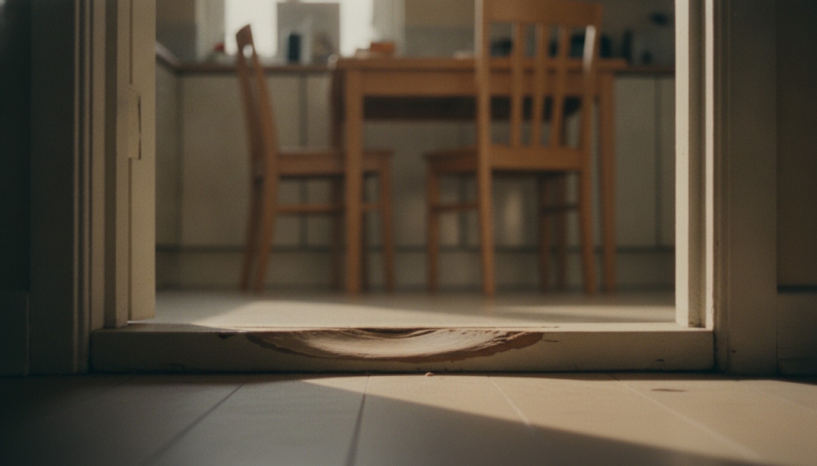 A painted wooden doorway threshold worn down to bare wood in a smooth hollow, seen at floor level with two kitchen chairs pulled out at a table beyond it