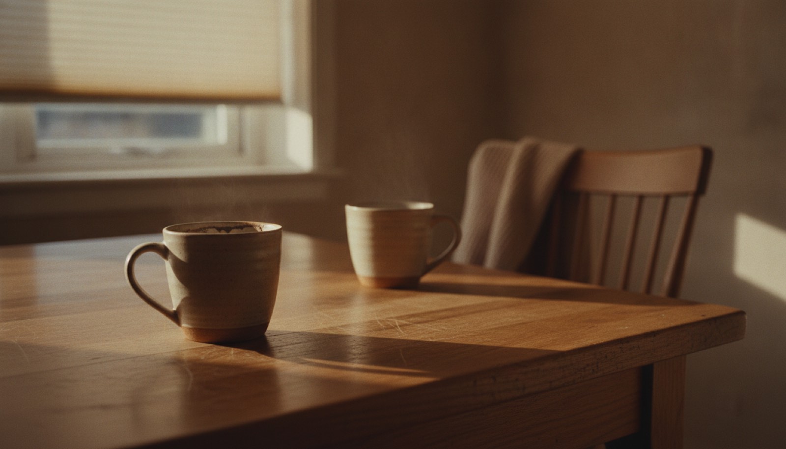 Two stoneware coffee mugs on a scratched oak kitchen table in morning light, one pushed toward the empty chair across from it