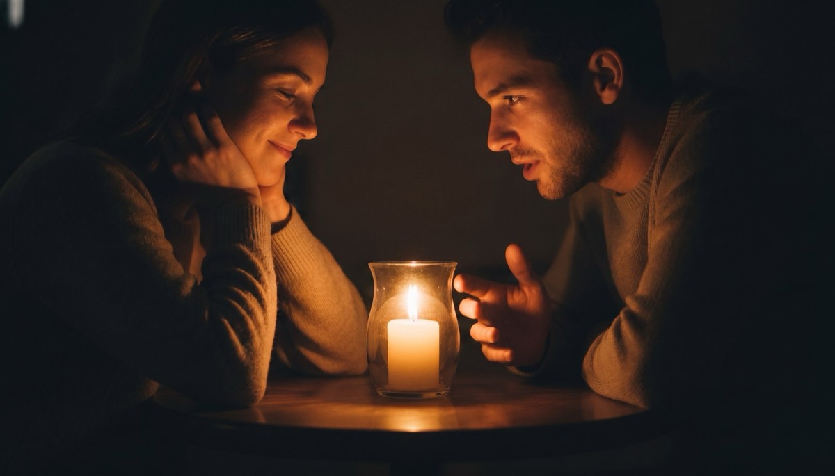 Two hands passing a mug of tea across a kitchen counter in warm evening lamplight with both faces out of frame
