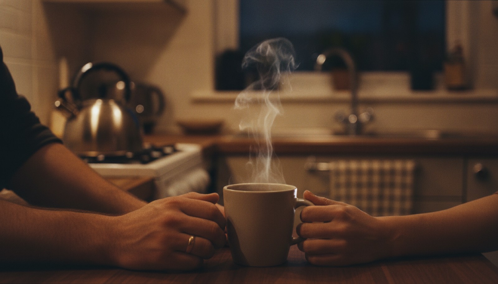 Two hands passing a mug of tea across a kitchen counter in warm evening lamplight with both faces out of frame