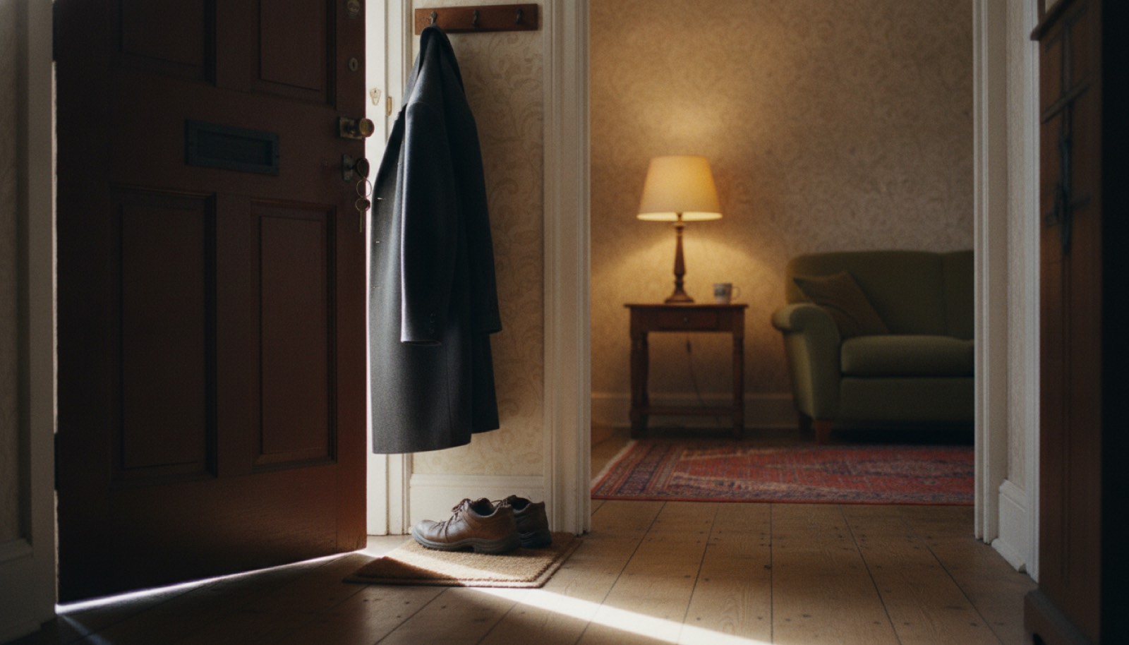 A house front door standing open on a cold band of morning daylight, with keys hanging in the lock, a coat half on its hook and walking shoes on the mat, while a lamp burns warm in the room beyond