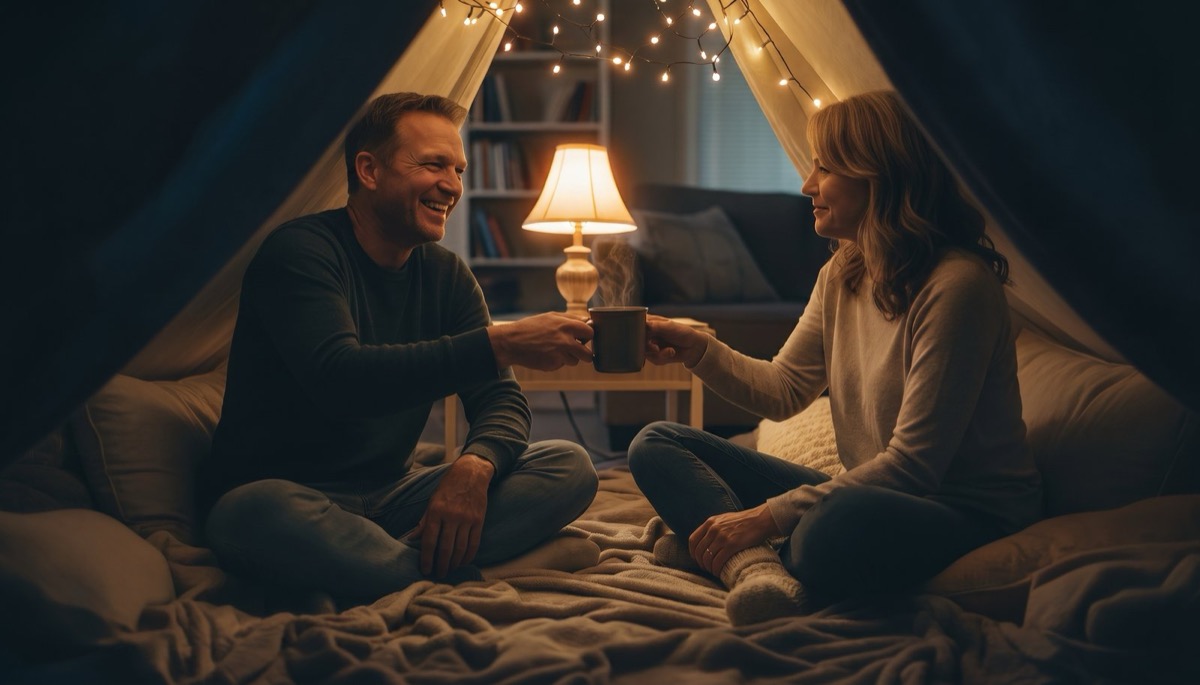 A living room with the couch pushed back against the wall and the rug rolled up, leaving a bare patch of wood floor under a lamp