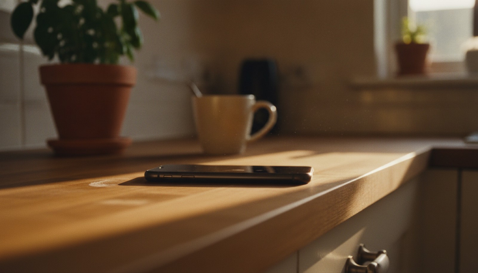 A phone lying screen-down on a kitchen counter beside a half-finished mug of coffee in mid-afternoon light