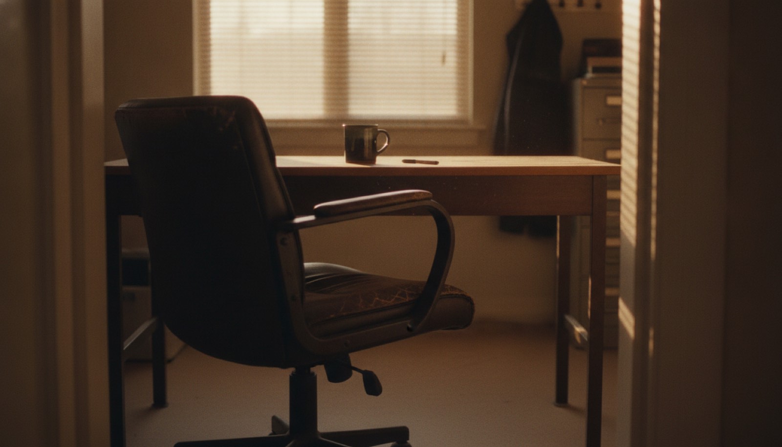 An empty desk chair turned away from a bare desk, evening light through blinds.