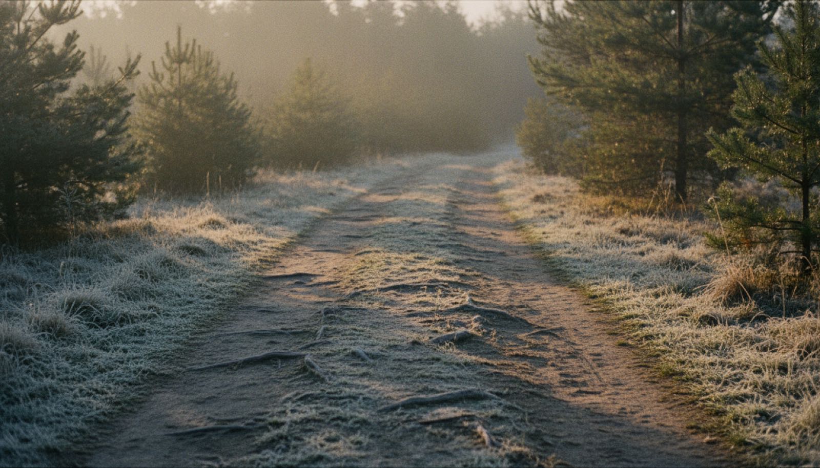 A narrow dirt trail rising into pine trees at sunrise with frost on the grass at the edges