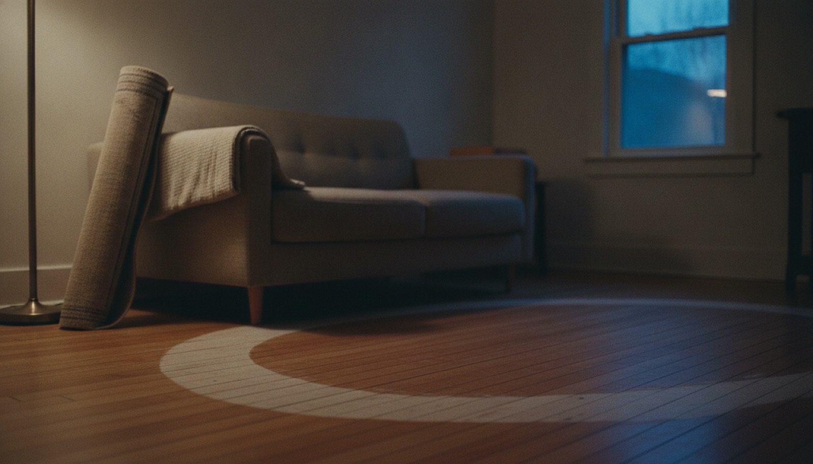 A living room at dusk with the couch pushed back against the wall and a single lamp lit on the floor
