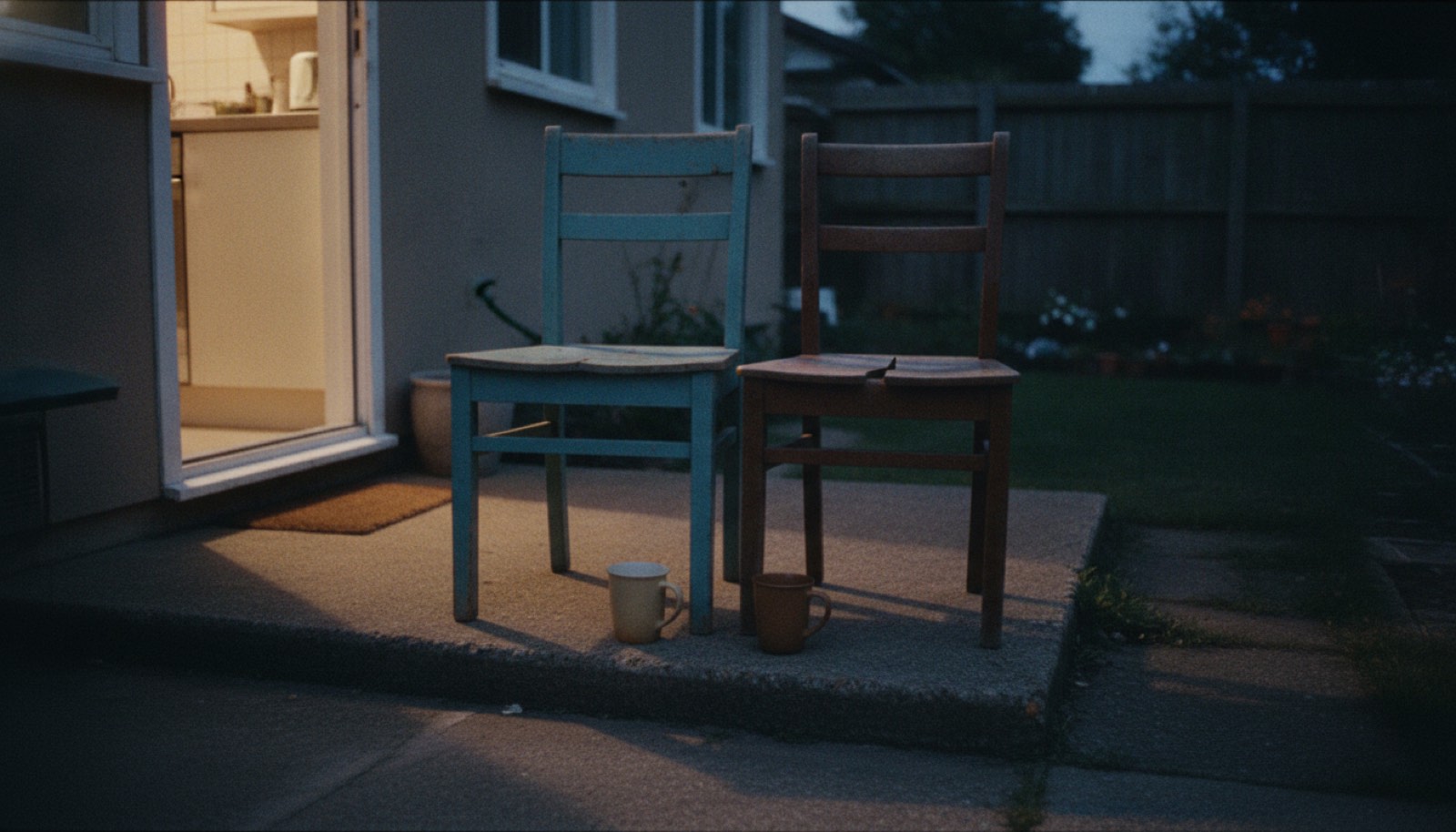 Two chairs on a small back step with mugs on the ground between them in evening light