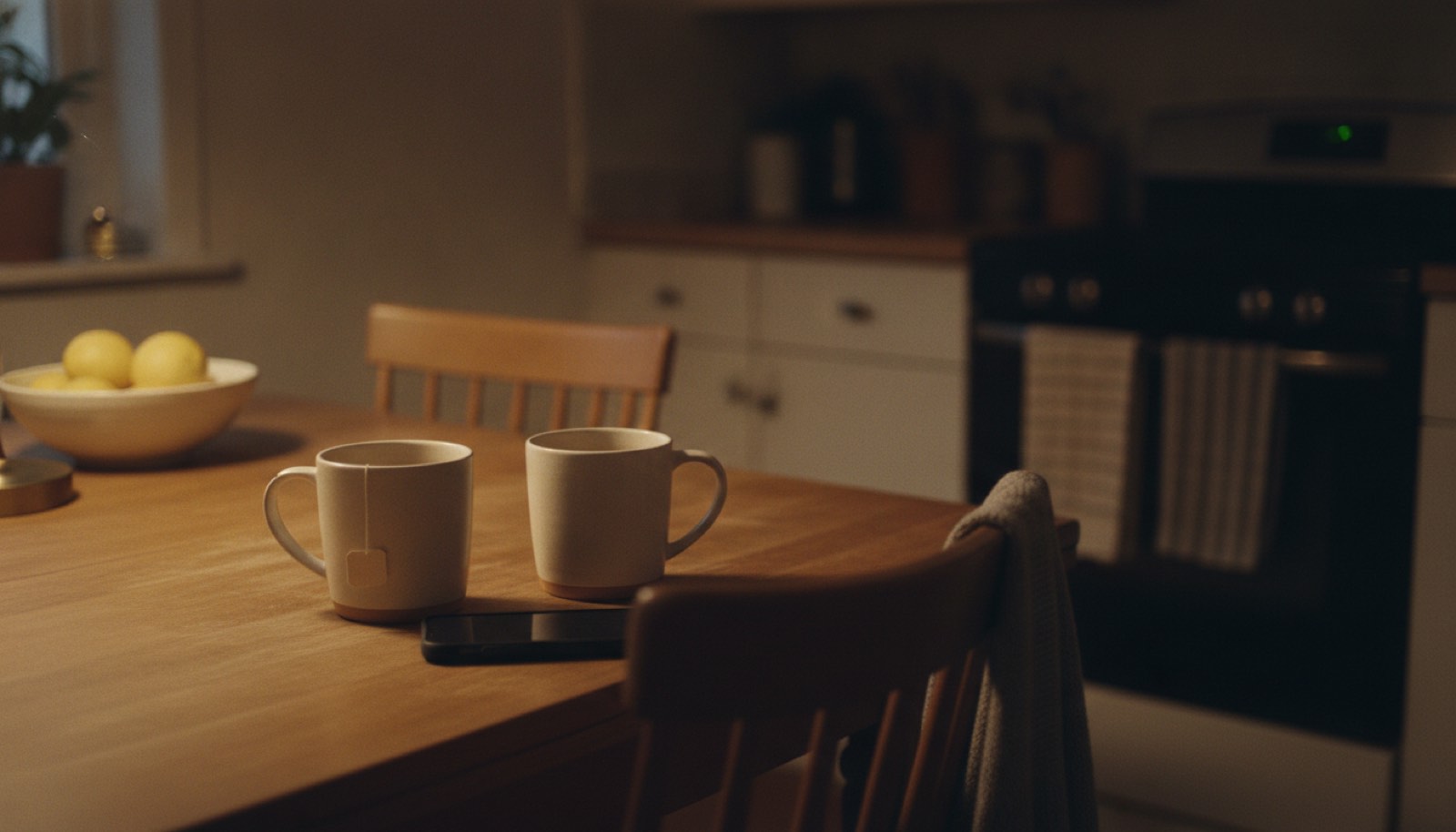 Two half-empty mugs of tea on a kitchen table after dinner, a phone face down between them, a lamp glowing behind