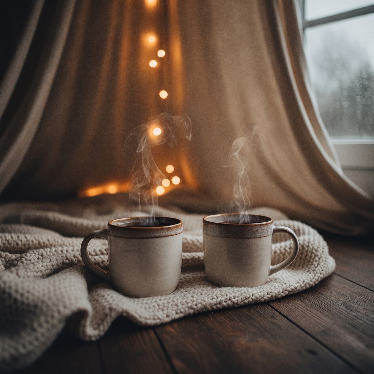 Two steaming ceramic mugs sit side by side on a cream knit blanket inside a fairy-lit blanket fort, with rain running down the window behind them, set up for a rainy day date at home.