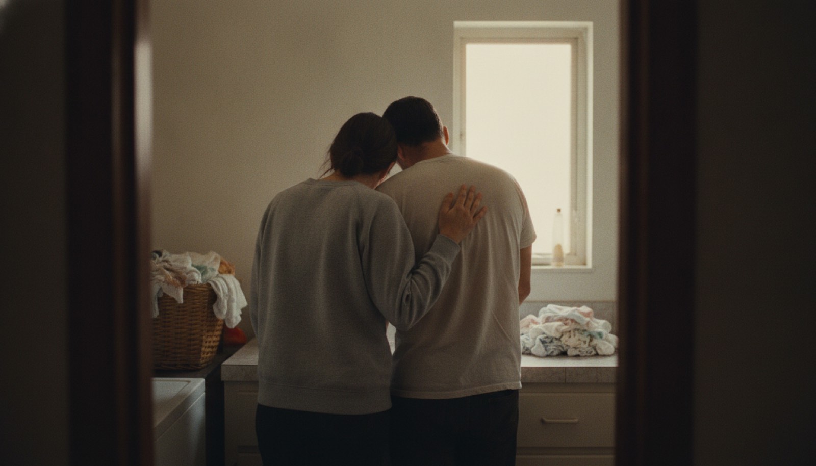 Two tired adults seen from behind through a doorway, standing shoulder to shoulder at a laundry counter in morning light with her hand resting on his back and a basket of small clothes nearby
