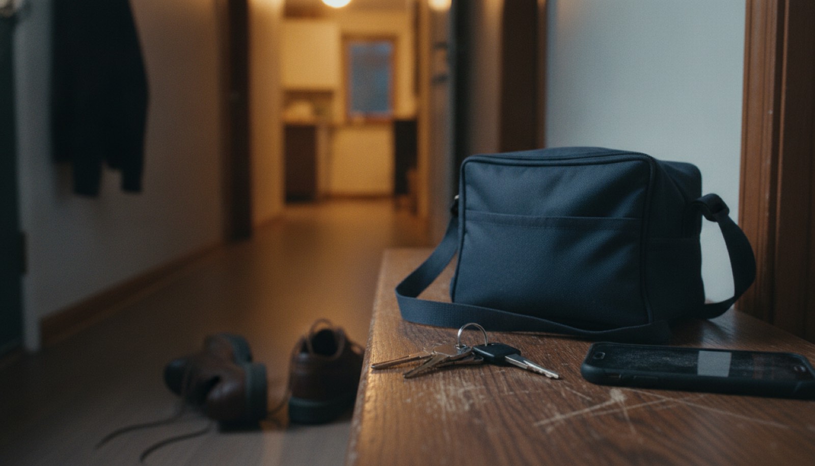 A ring of car keys, a navy insulated bag and a dark phone dropped on a scuffed entryway bench, with work shoes on the floor and a warm hallway light beyond