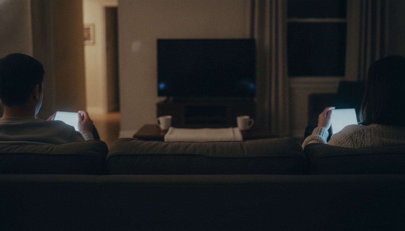 Two adults sitting at opposite ends of a dark living room couch, seen from behind with an empty gap between them, each lit by the small pale glow of their own device