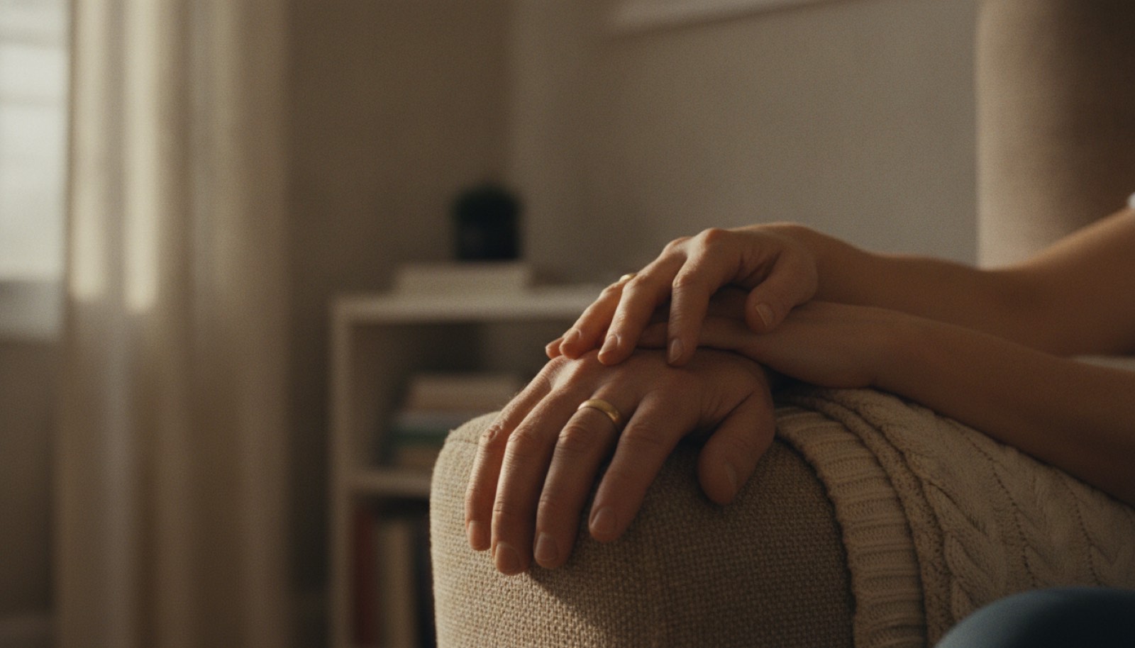 A couple's hands resting together on the arm of a living room chair with a folded knit throw beside them