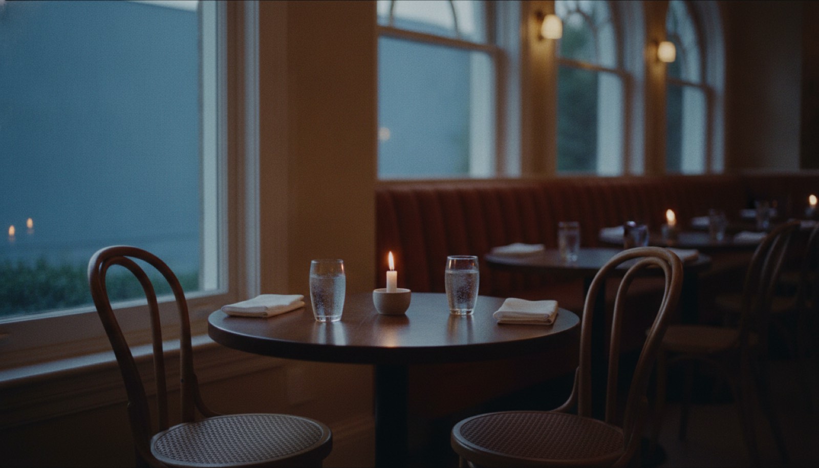 A corner table for two by a window in a warm dining room with two glasses of water already poured