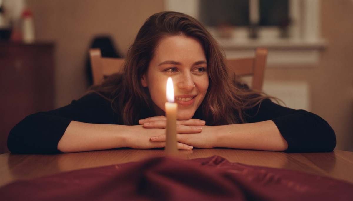 A dining table set for two with a lit taper candle, cloth napkins, and a cast iron skillet resting on a folded towel