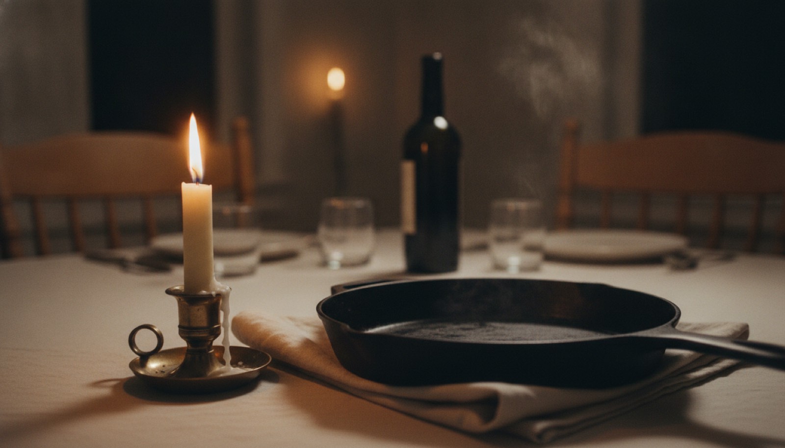 A dining table set for two with a lit taper candle, cloth napkins, and a cast iron skillet resting on a folded towel