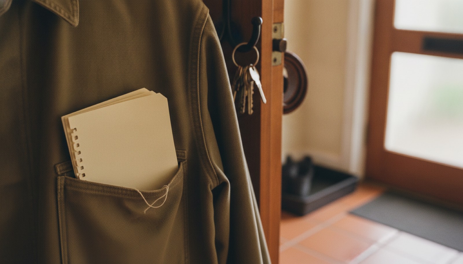 A folded wad of notepaper tucked into the frayed chest pocket of a worn olive canvas jacket hanging on a hook beside a back door