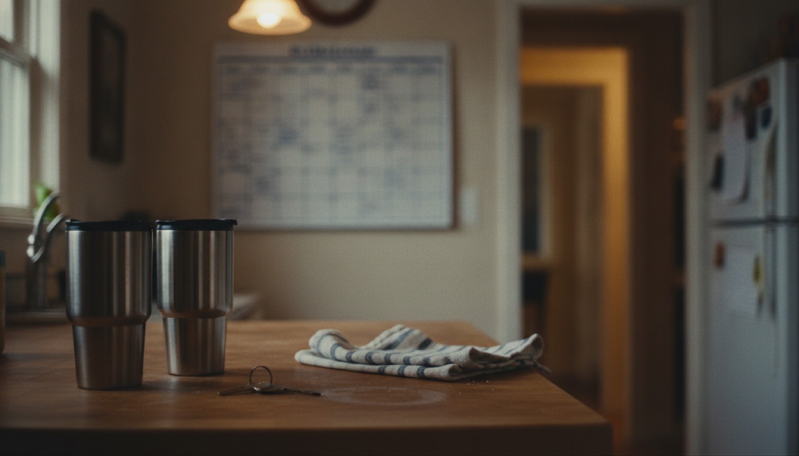 Two steel travel mugs, a ring of keys and a folded dish towel on a kitchen counter, with a packed family wall planner hanging far behind them and softly out of focus