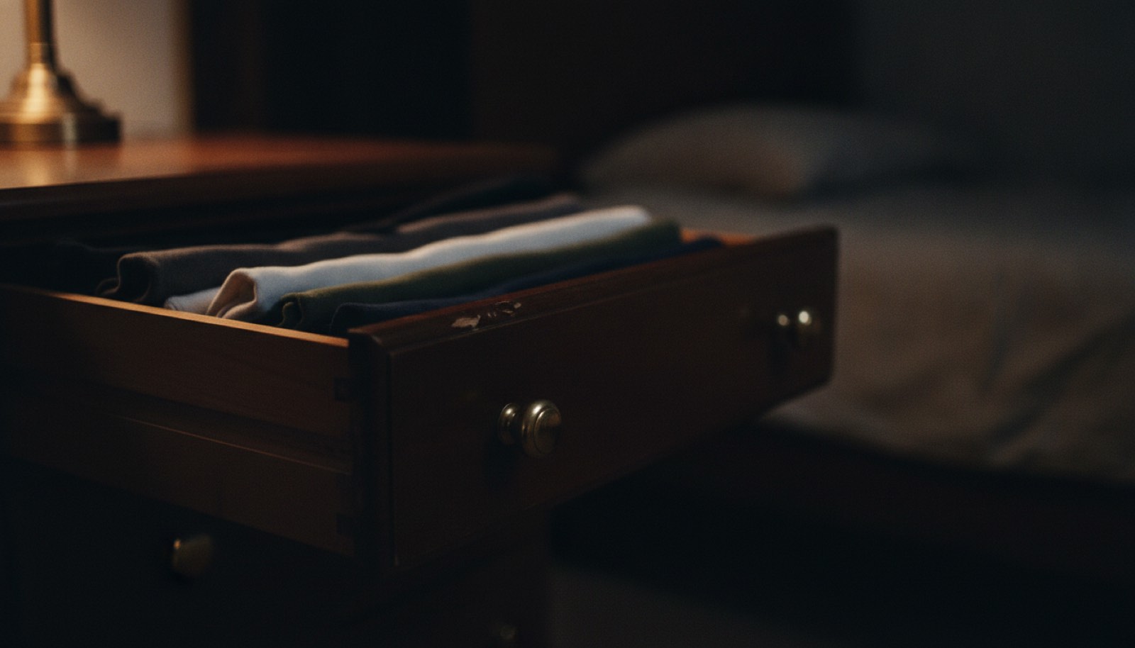 A slightly open dresser drawer with folded shirts inside and low lamplight across the wood