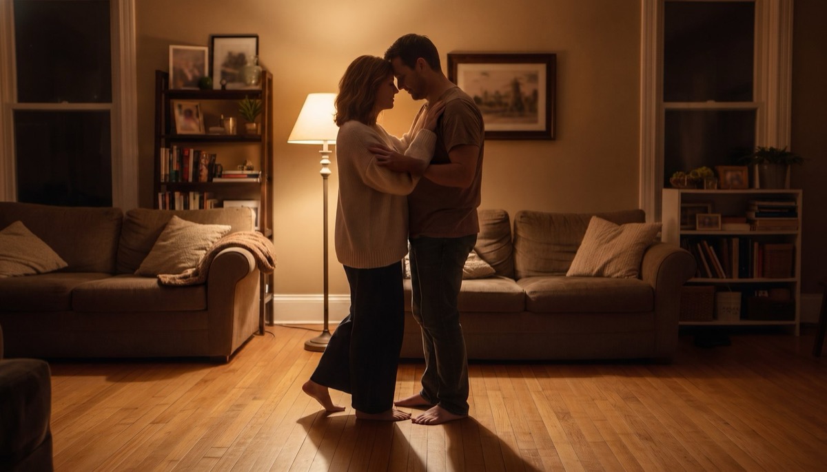 Two pairs of feet in socks standing close together on a living room rug with the corner of the rug turned back and a lamp glowing behind them
