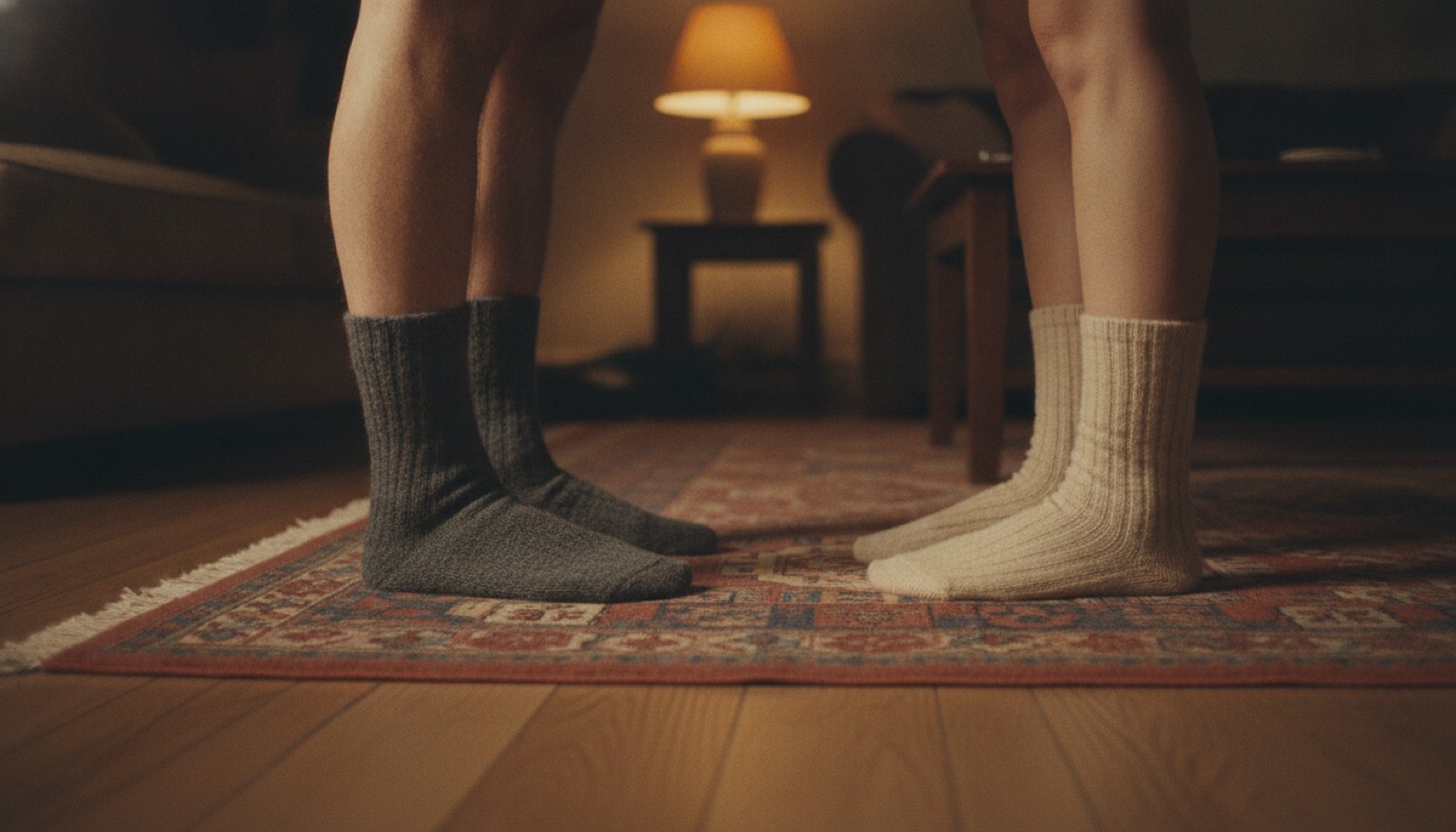 Two pairs of feet in socks standing close together on a living room rug with the corner of the rug turned back and a lamp glowing behind them