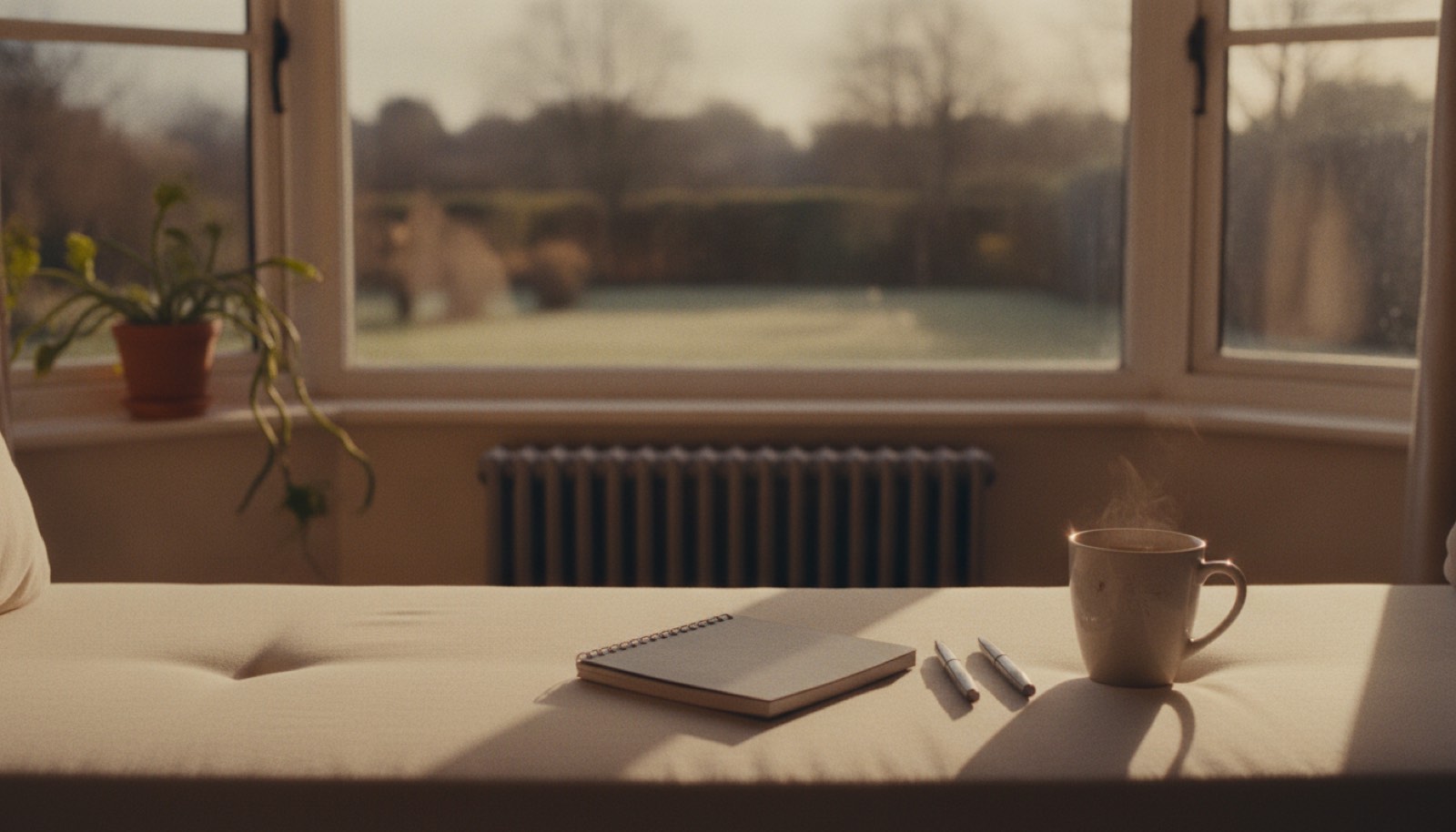 A cushioned window seat with two ballpoint pens, a closed notebook and a mug of tea going cold, a bare winter garden beyond the glass in morning light
