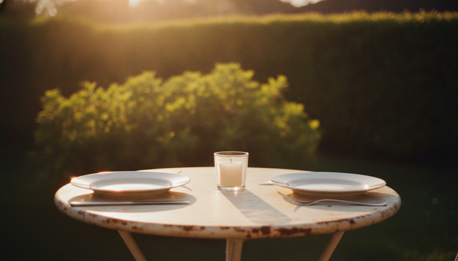 Two dinner plates and a short candle in a glass holder on a weathered wooden porch table at dusk