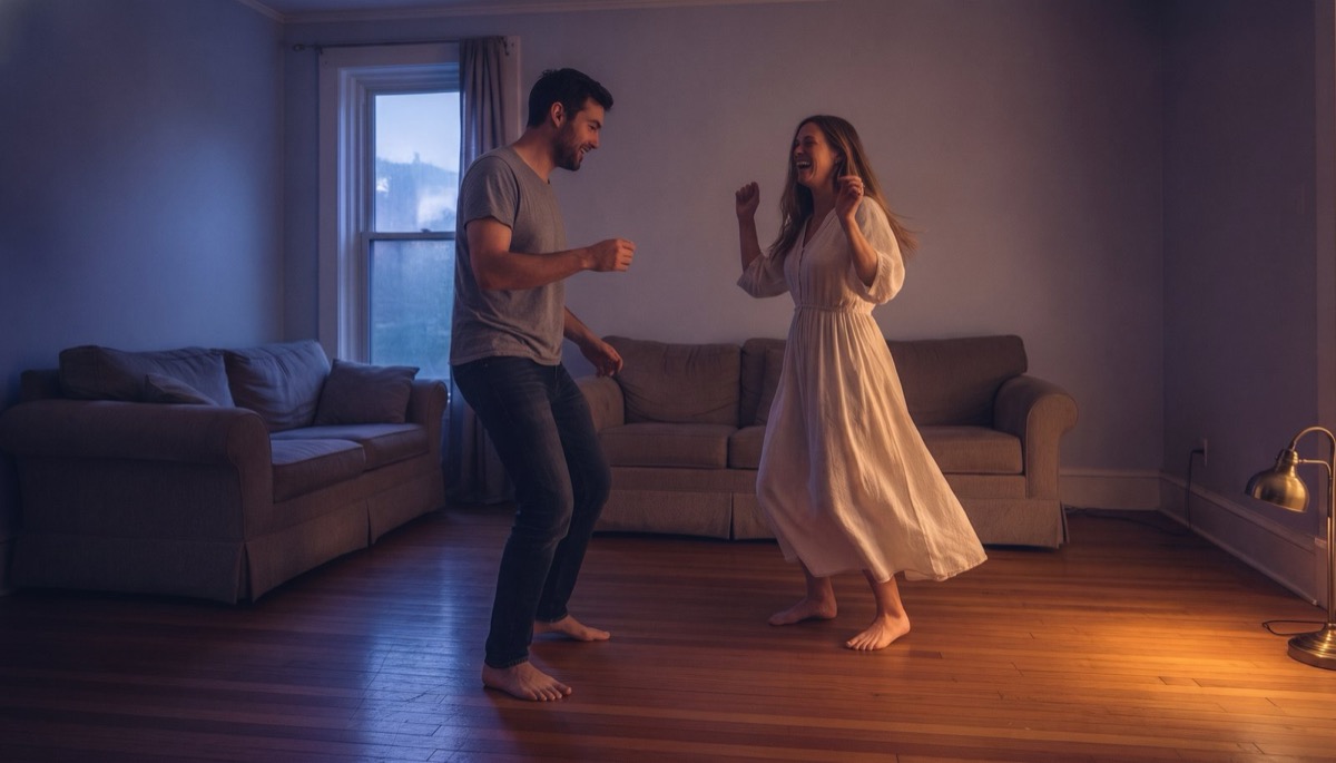 Two half-drunk glasses of water on a low living room table beside a lamp left burning all night, first light showing at the edges of the curtains