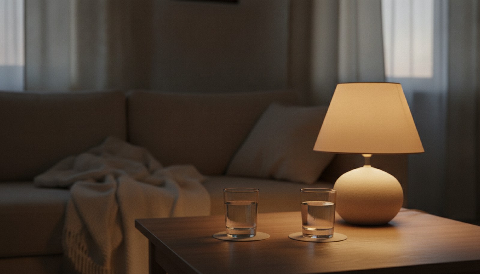 Two half-drunk glasses of water on a low living room table beside a lamp left burning all night, first light showing at the edges of the curtains